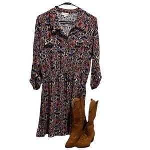 Luxology Blue and Red Patterned Long Sleeve Dress